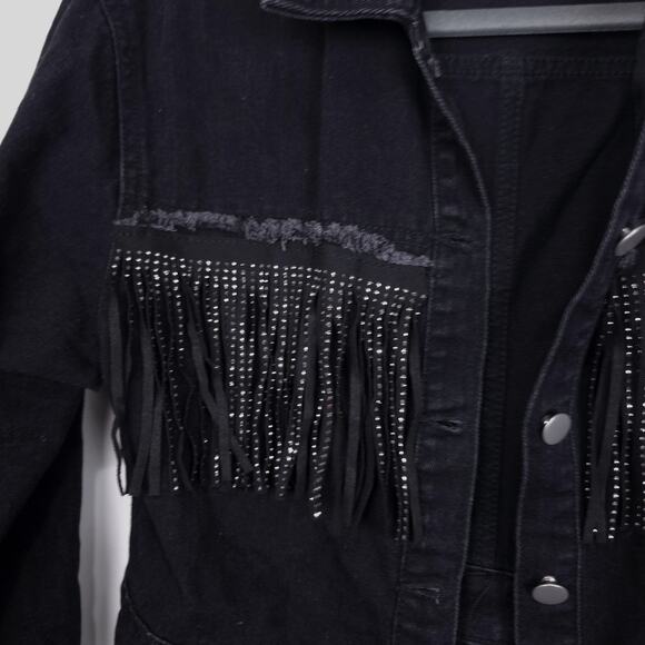 Rhinestone Tassel Raw Hem Long Sleeve Denim Jacket OR Mini Shirt Dress, Medium - Picture 6 of 8